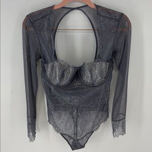 Victoria's Secret Gray Lace Metallic Sheer Mesh Bodysuit 36B